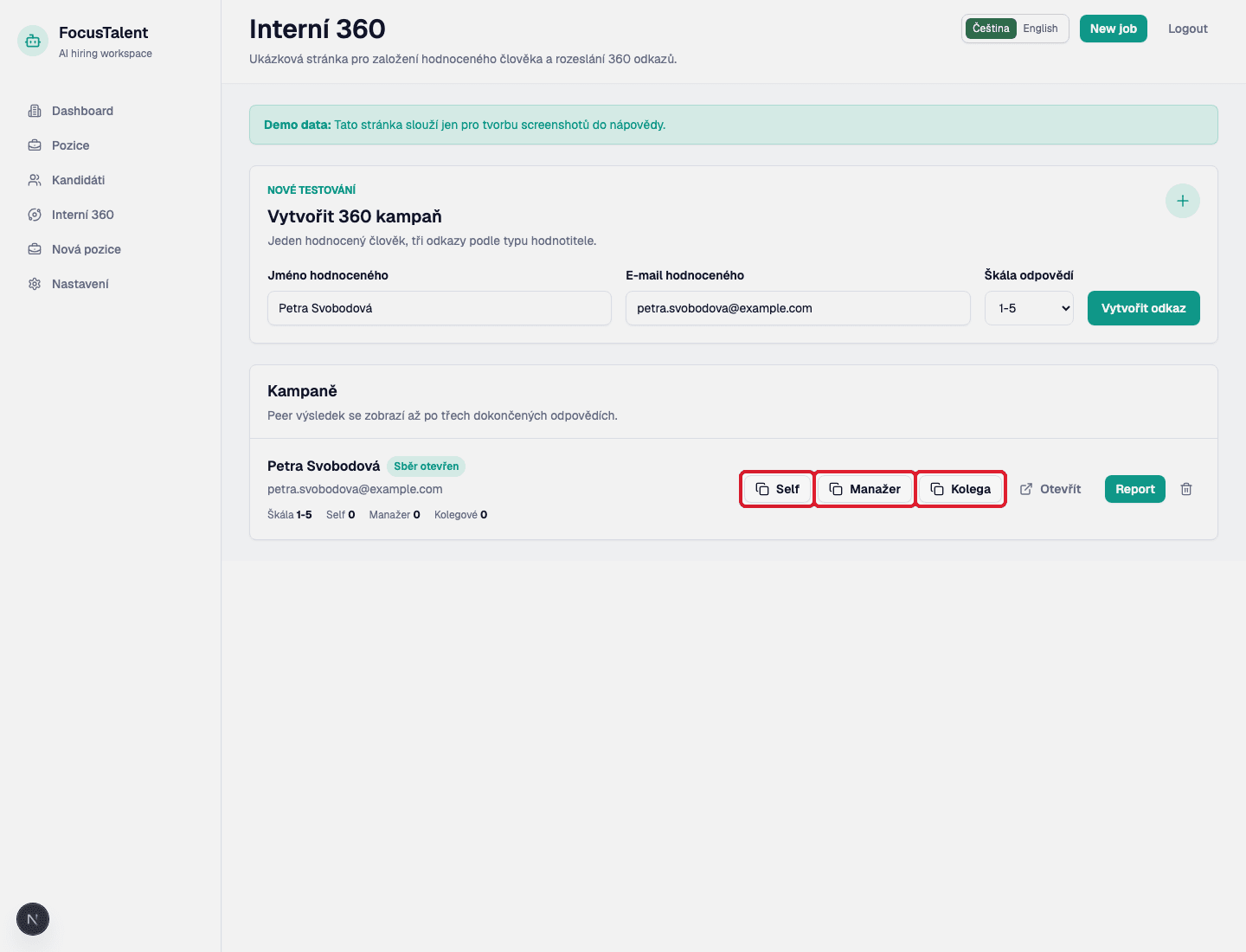 360 kampaň se zvýrazněnými tlačítky Self, Manažer a Kolega