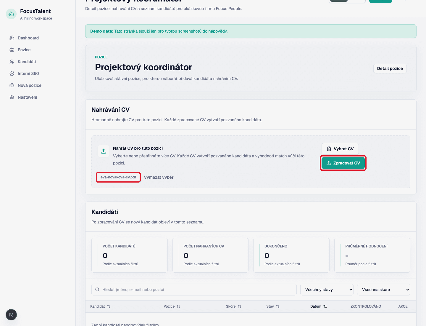 Nahrávání CV se zvýrazněným tlačítkem Vybrat CV a vybraným souborem