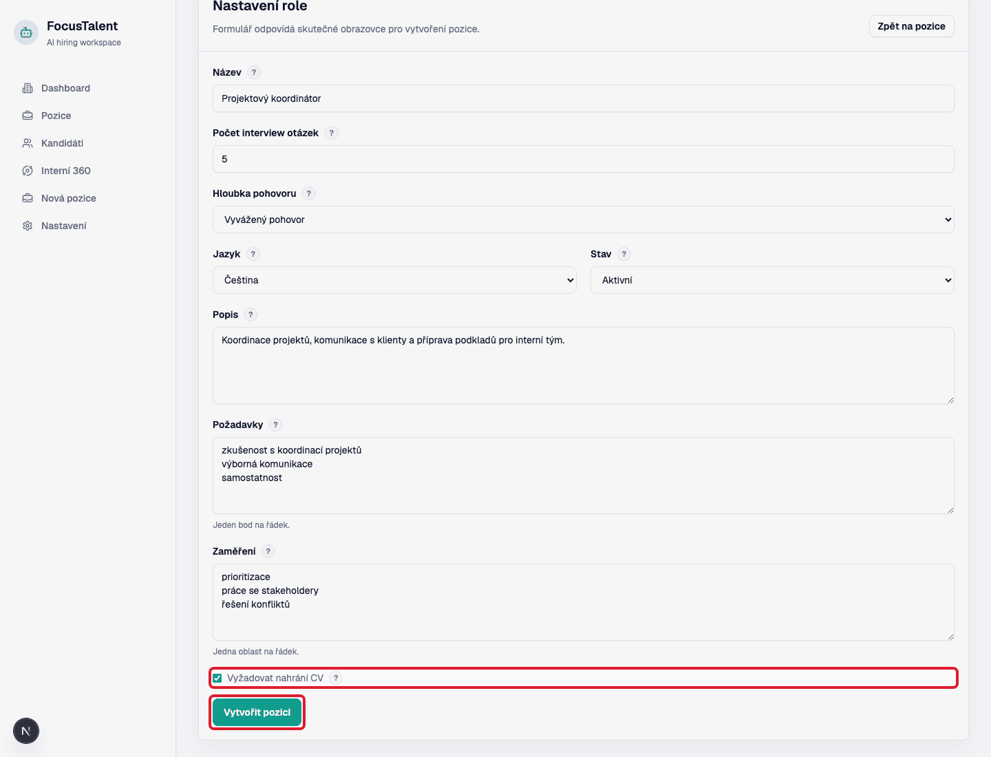 Formulář nové pozice se zvýrazněným checkboxem Vyžadovat nahrání CV a tlačítkem Vytvořit pozici